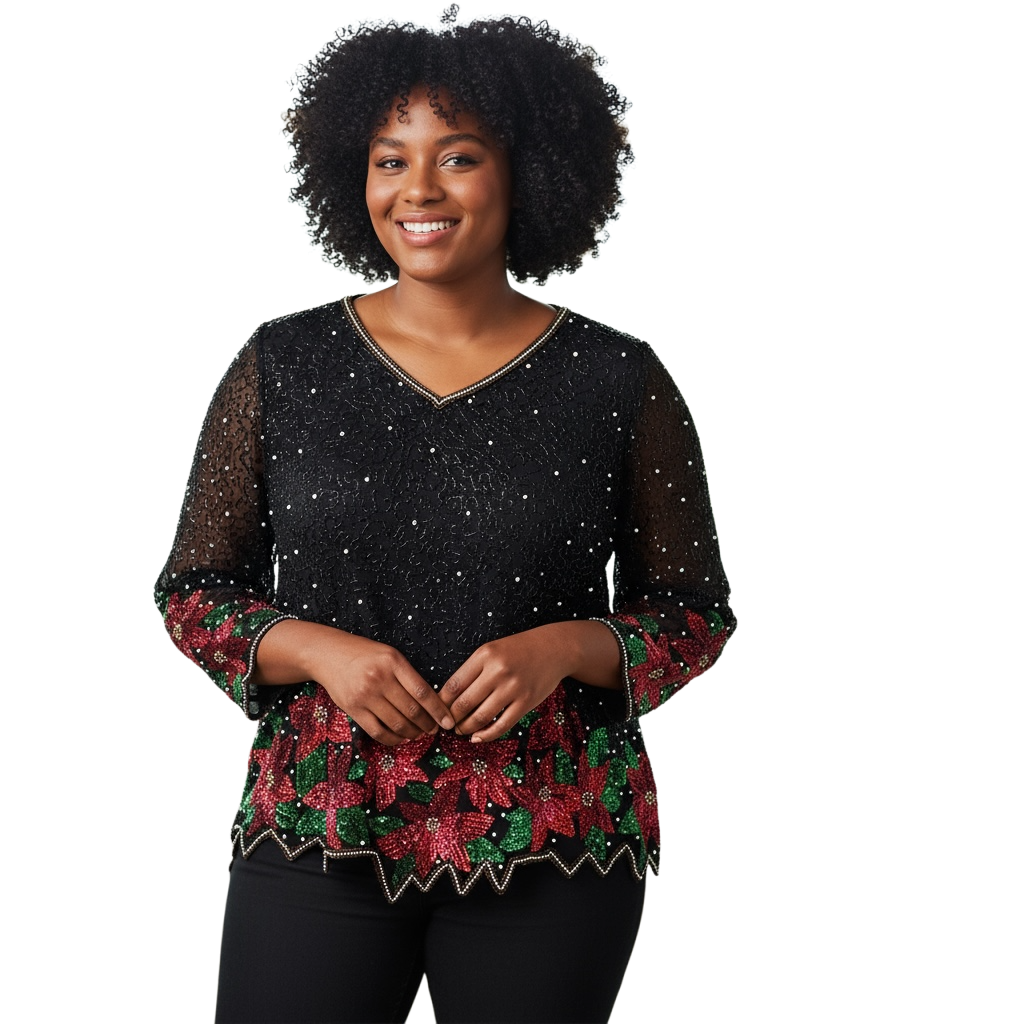 Laurence Kazar  Poinsettia Sequin Beaded Blouse (Signs of Wear) Size 2X