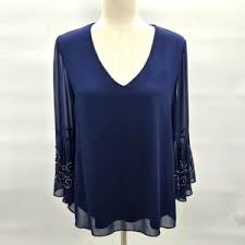 NWT Marina Navy Blouse Sheer Bell Beaded Embellished Sleeves Size XLarge