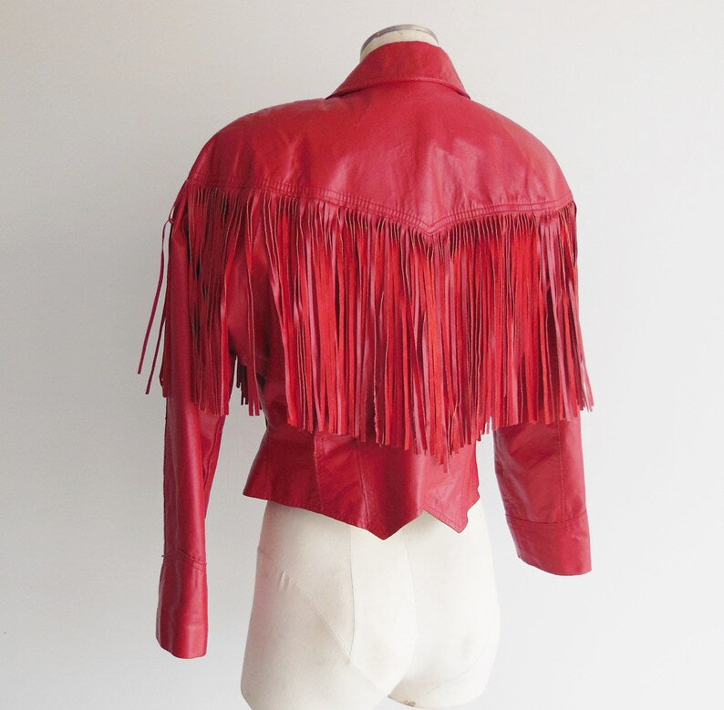 Pioneer Wear Red Leather Fringe Jacket Size Medium