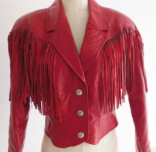 Pioneer Wear Red Leather Fringe Jacket Size Medium
