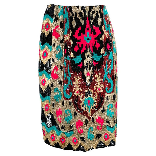 Naeem Khan Black Pink Green Sequined Pencil Below Knee Skirt Size 8