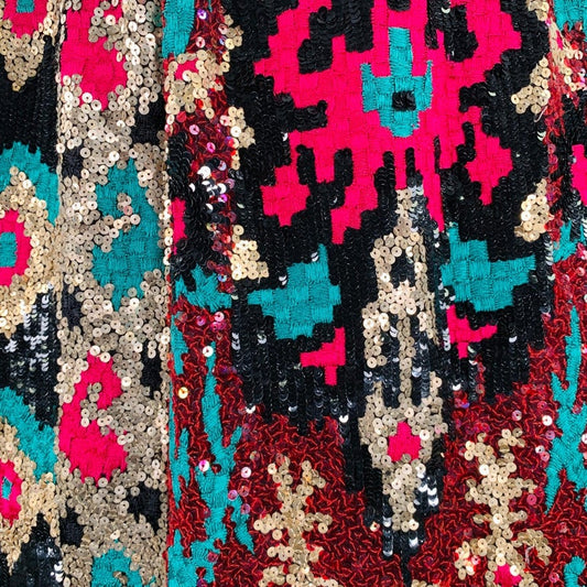 Naeem Khan Black Pink Green Sequined Pencil Below Knee Skirt Size 8