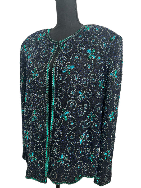 Blue Green Sequin Open Front Jacket Size Large/XLarge