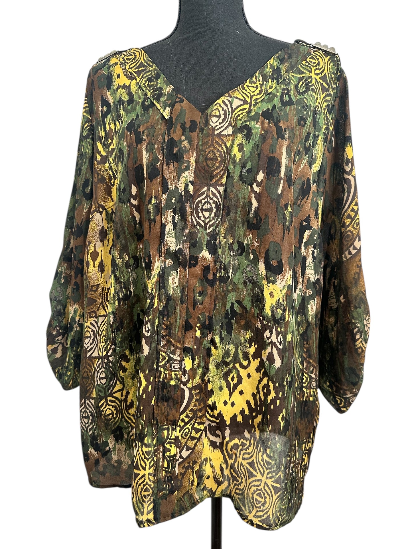 Ashley Stewart Colorful Green Black Tan Blouse Size 12