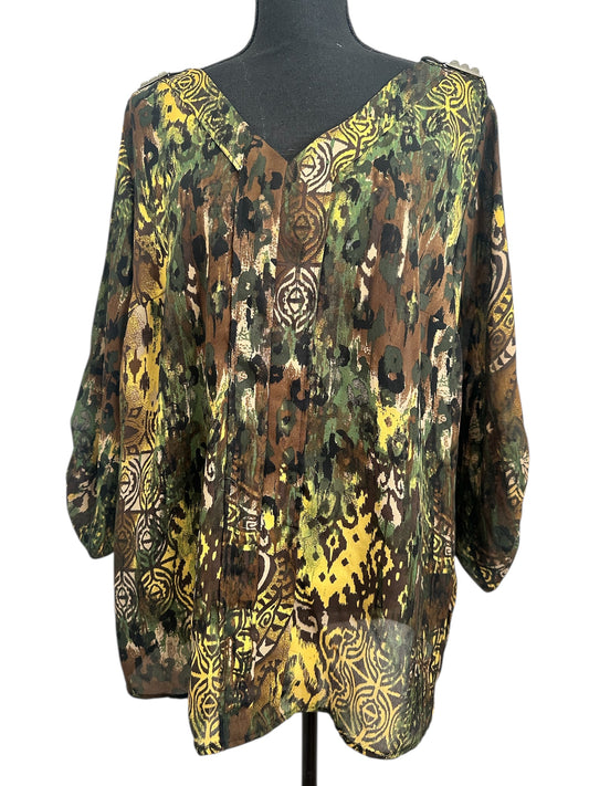 Ashley Stewart Colorful Green Black Tan Blouse Size 12