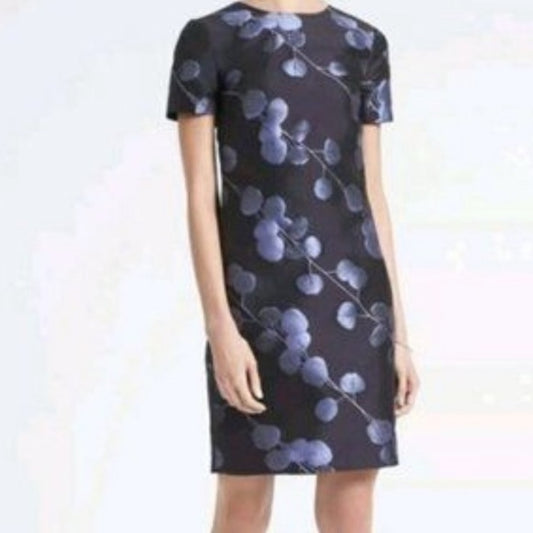 Banana Republic Black Blue Jacquard Leaf Print Sheath Dress Size 12