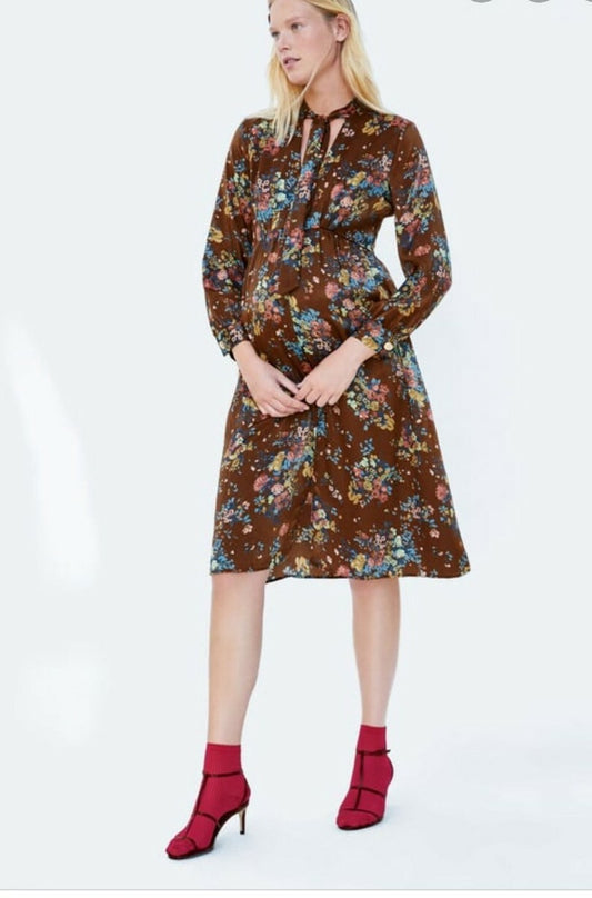 Zara Brown Floral Print Dress Size Medium