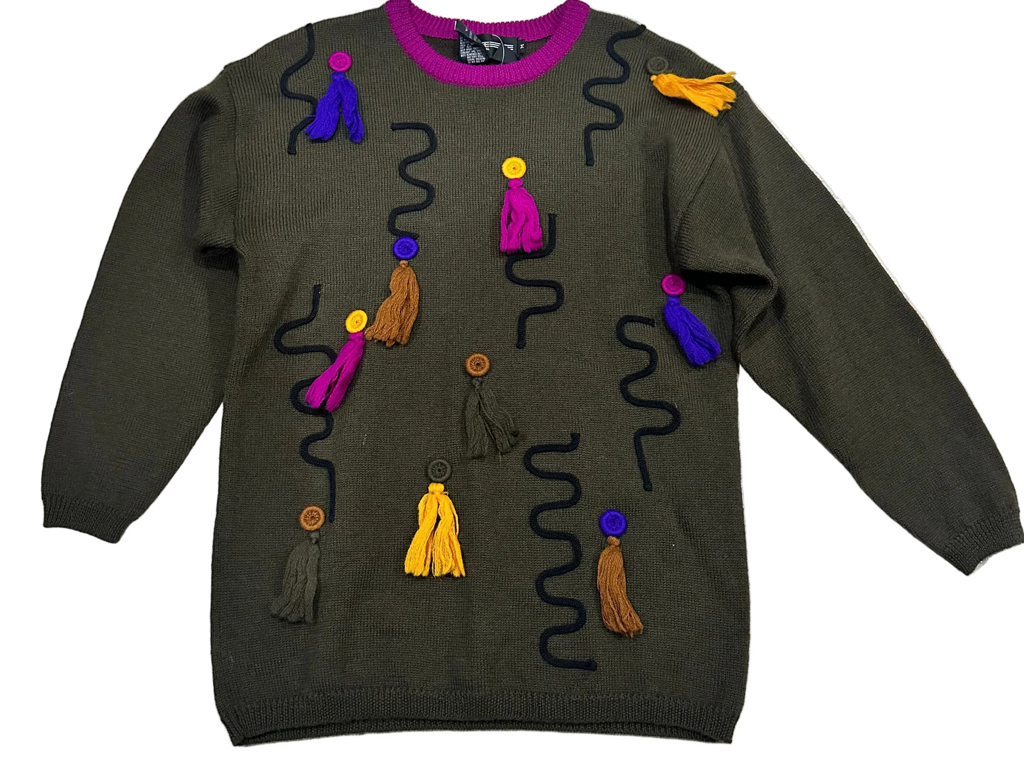 NWT Spree International Olive Colorful Tassels Sweater Size Medium