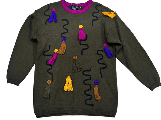 NWT Spree International Olive Colorful Tassels Sweater Size Medium
