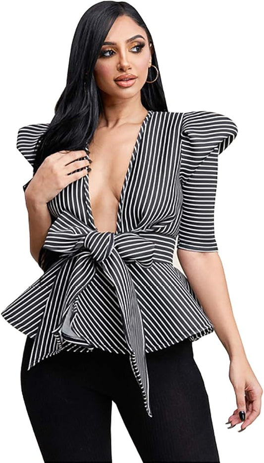 SYLeMAC Striped Super Tech Tie Front Top Size Small