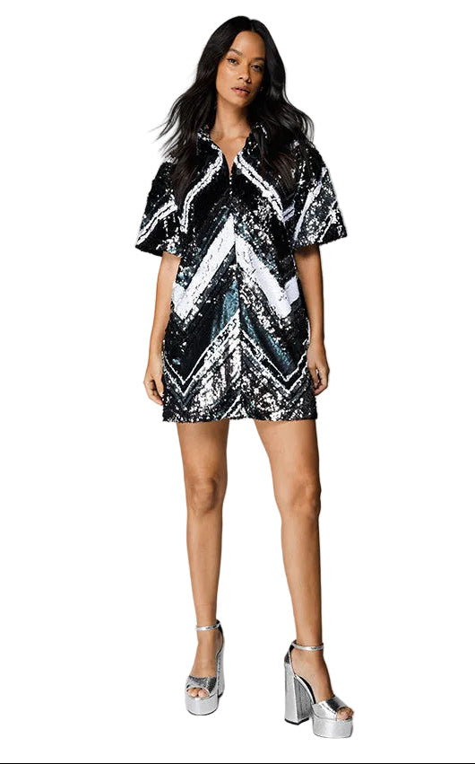 Nasty Gal Sequined Zig Zag Placement Shirt Dress Size 4