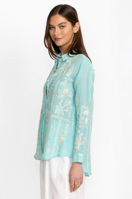 Johnny Was Mint Blue Embellished Blouse Size Medium