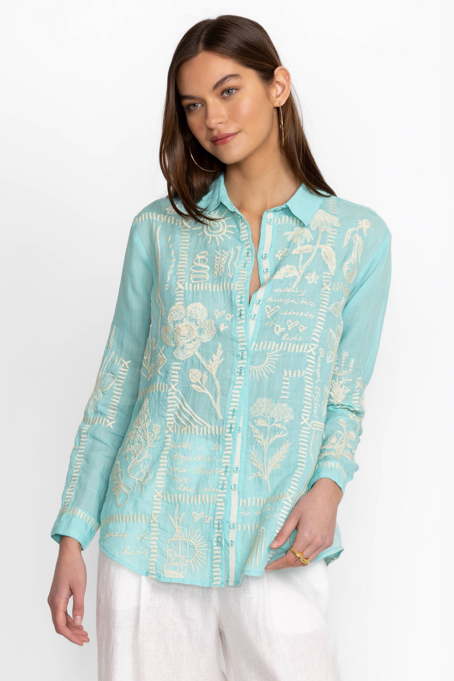 Johnny Was Mint Blue Embellished Blouse Size Medium