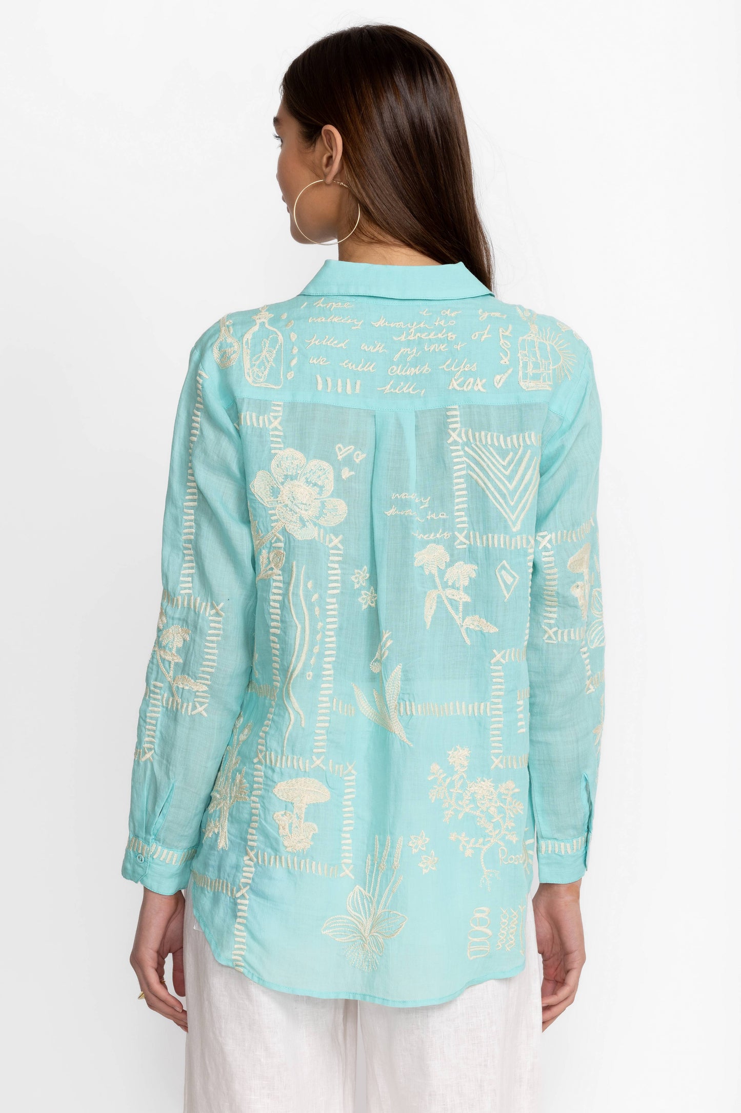 Johnny Was Mint Blue Embellished Blouse Size Medium