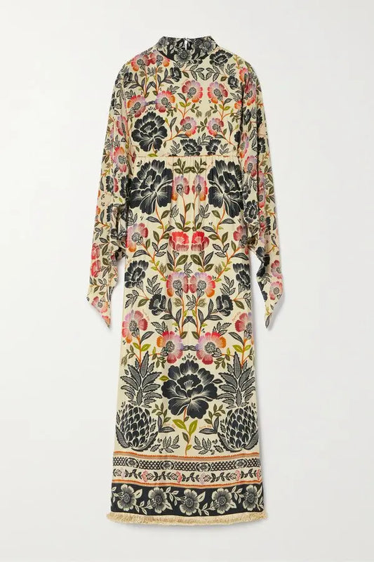 FARM RIO 
Fringed Floral-Print Crepe Maxi Dress Size Large