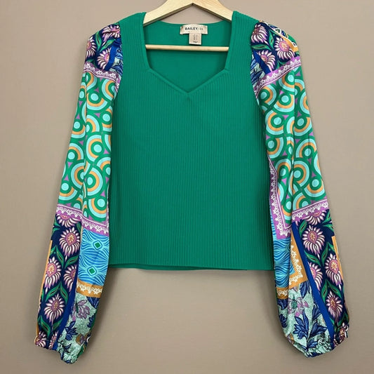 Bailey 44 Ribbed Top with Satin Patchwork Print Sleeves in Green Size Medium