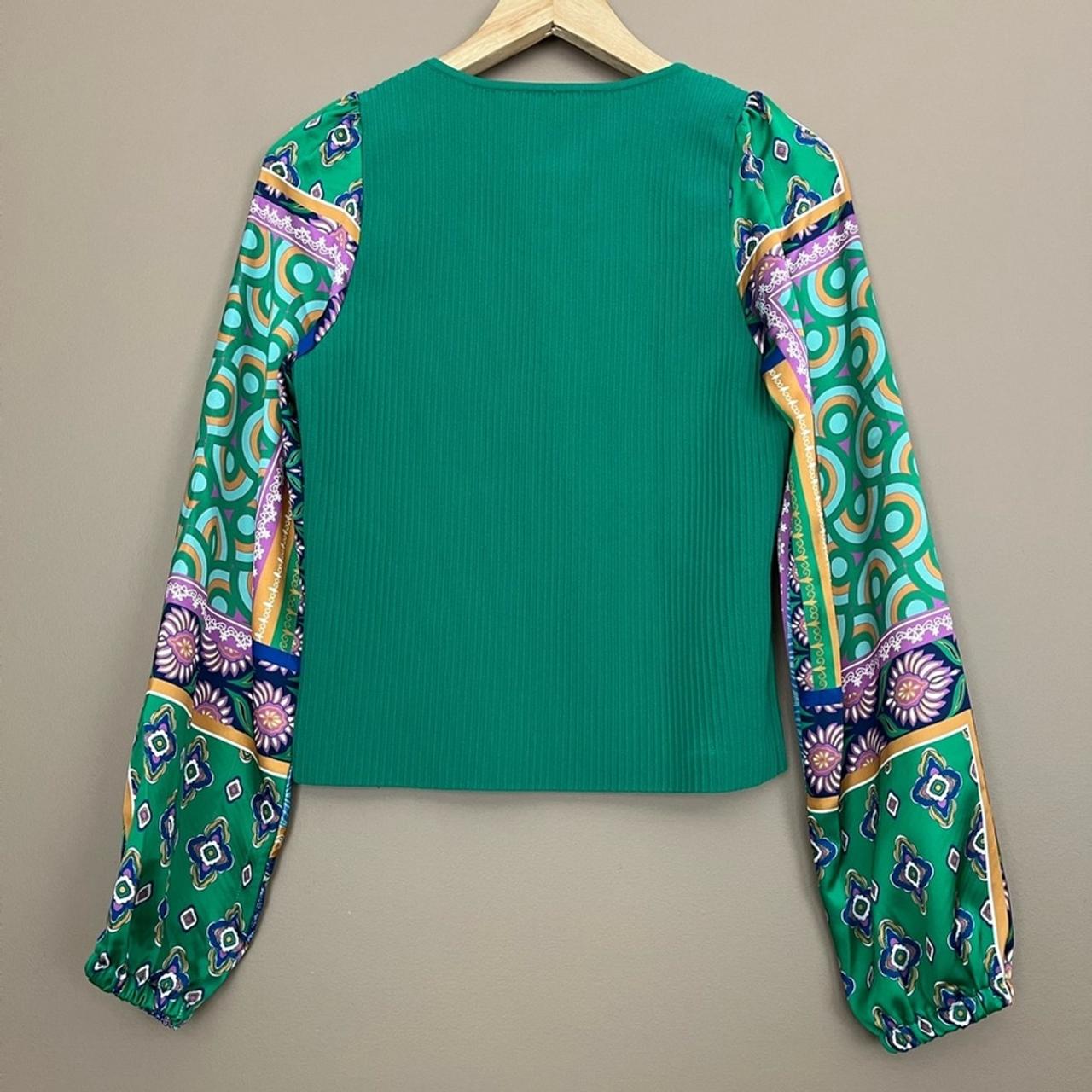 Bailey 44 Ribbed Top with Satin Patchwork Print Sleeves in Green Size Medium