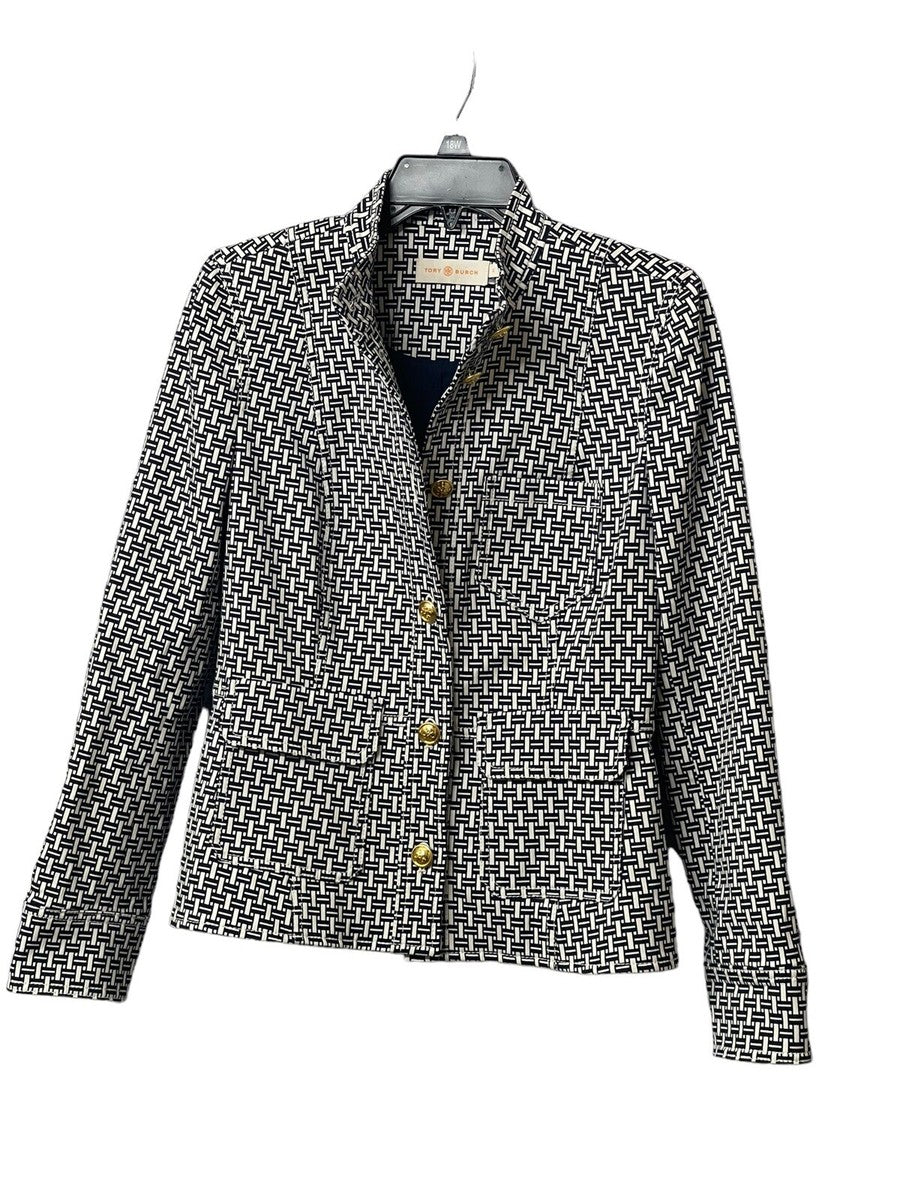Tory Burch Cameron Jacket Crosshatch Print Ivory/Navy Size 10