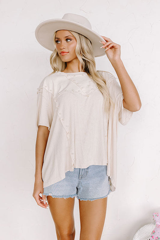 POL Oversized 1/2 Sleeve Pearl Detail Ribbed Top Size Large