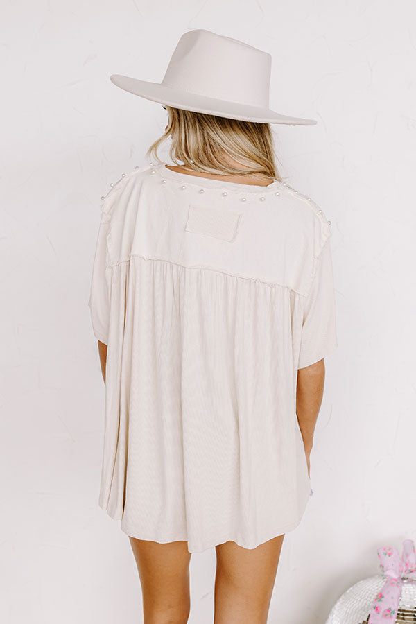 POL Oversized 1/2 Sleeve Pearl Detail Ribbed Top Size Large