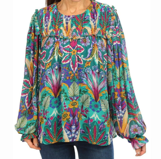 Nicole Miller Abbie Chiffon Long Sleeve Top Floral Size XLarge
