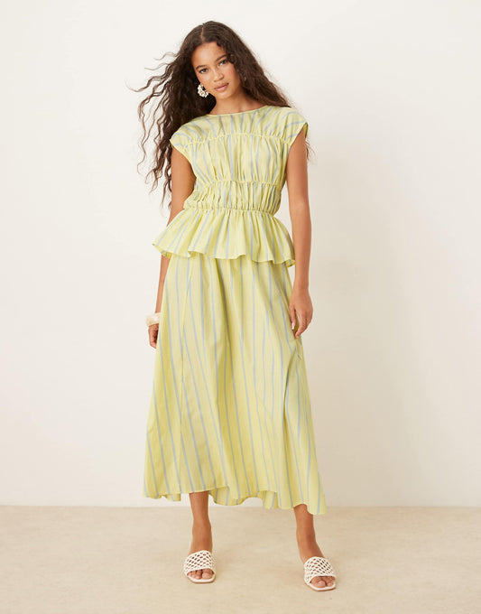 ASOS DESIGN Ruched Panelled Midi Yellow Striped Dress Size 14