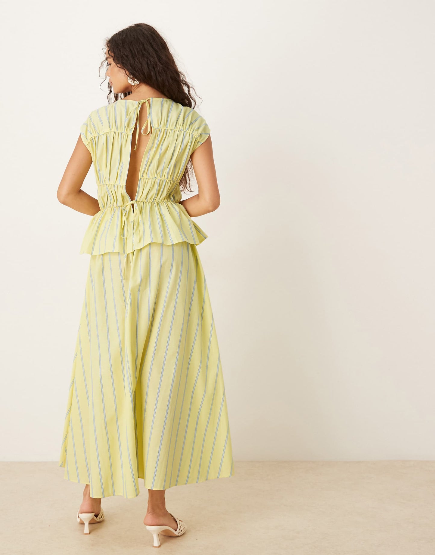 ASOS DESIGN Ruched Panelled Midi Yellow Striped Dress Size 14