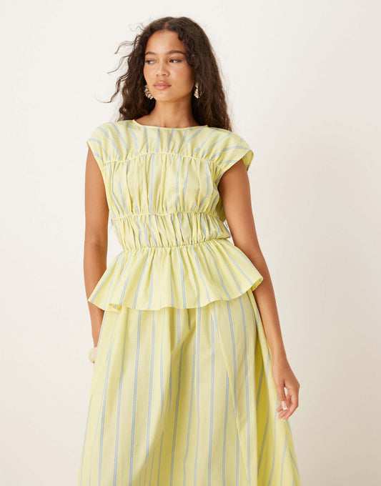ASOS DESIGN Ruched Panelled Midi Yellow Striped Dress Size 14