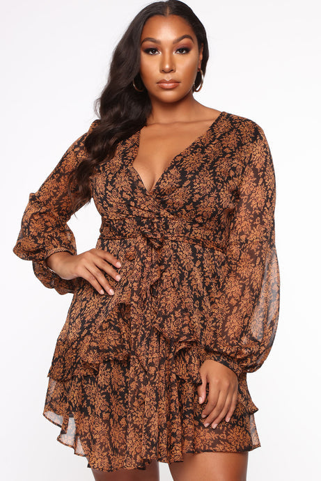 Fashion Nova Wildflower Nights Black Brown Print Mini Dress Size 2XL