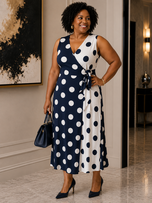 Susan Graver Navy White Polka Dot Wrap Dress Size 2X