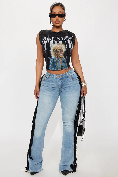 Fashion Nova Out West Low Rise Fringe Flare Jeans Size 13