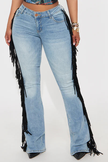 Fashion Nova Out West Low Rise Fringe Flare Jeans Size 13