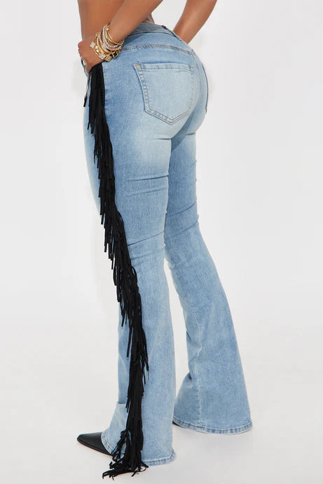 Fashion Nova Out West Low Rise Fringe Flare Jeans Size 13