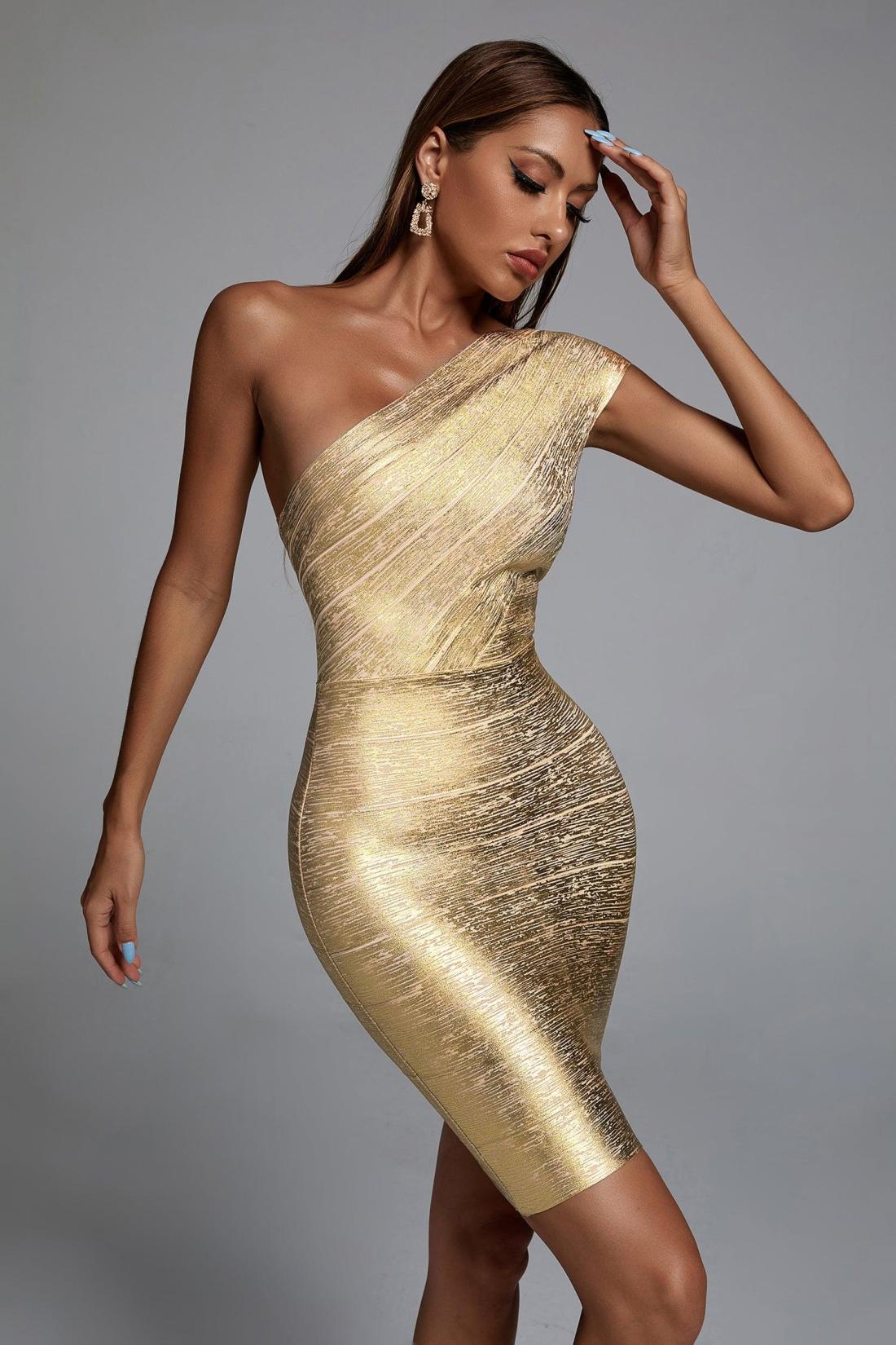 Bella Barnett Metallic Bandage Mini Cocktail Dress Gold Size Small