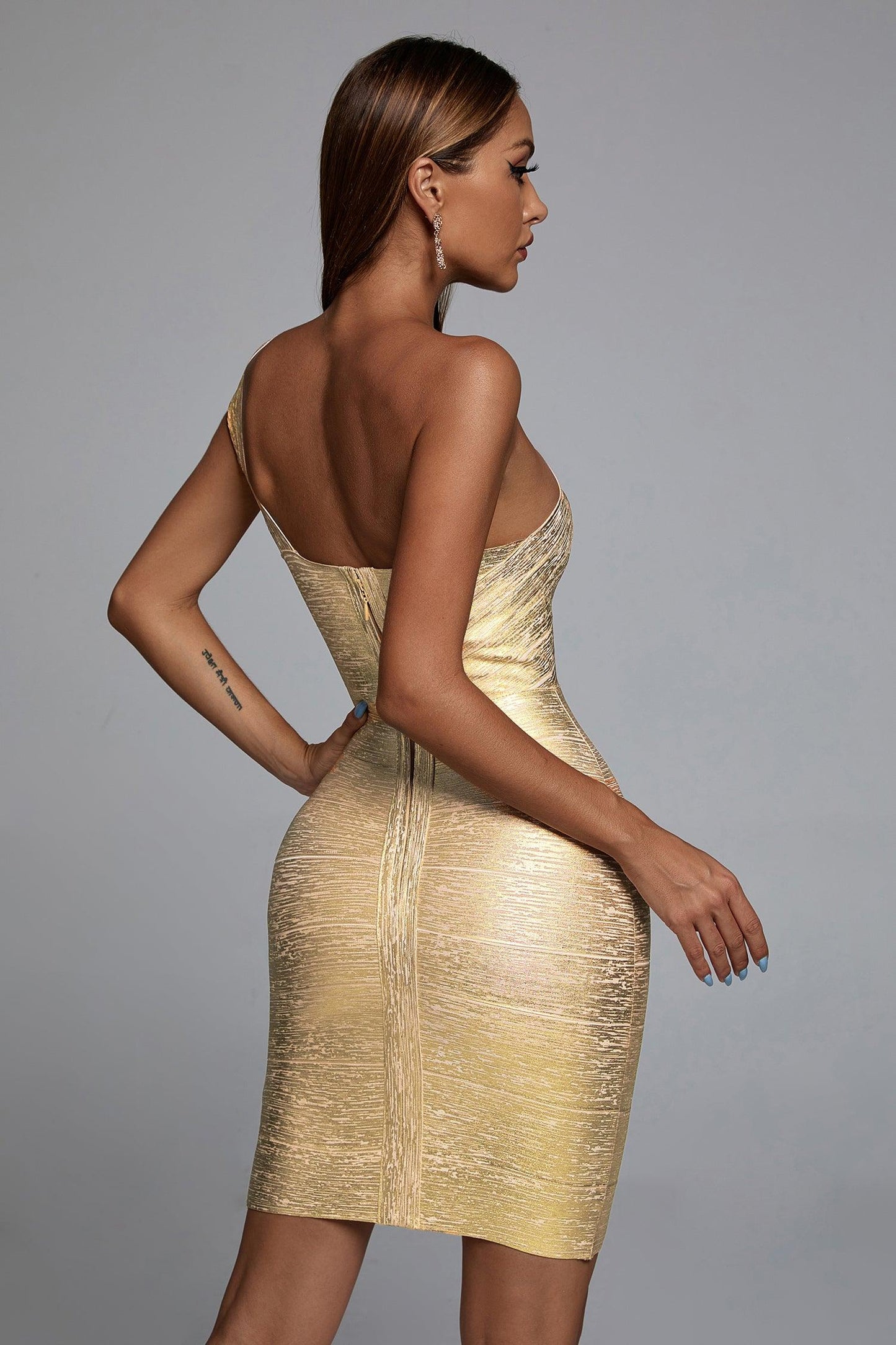 Bella Barnett Metallic Bandage Mini Cocktail Dress Gold Size Small