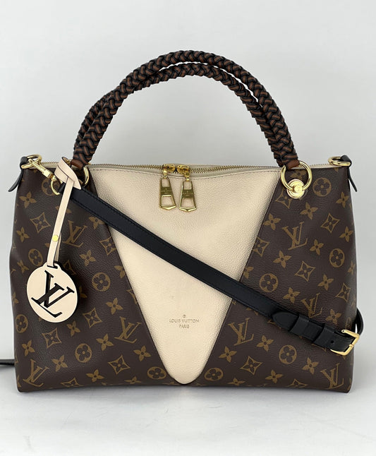 Louis Vuitton Monogram Braided V Tote MM White Leather Shoulder Hand Bag