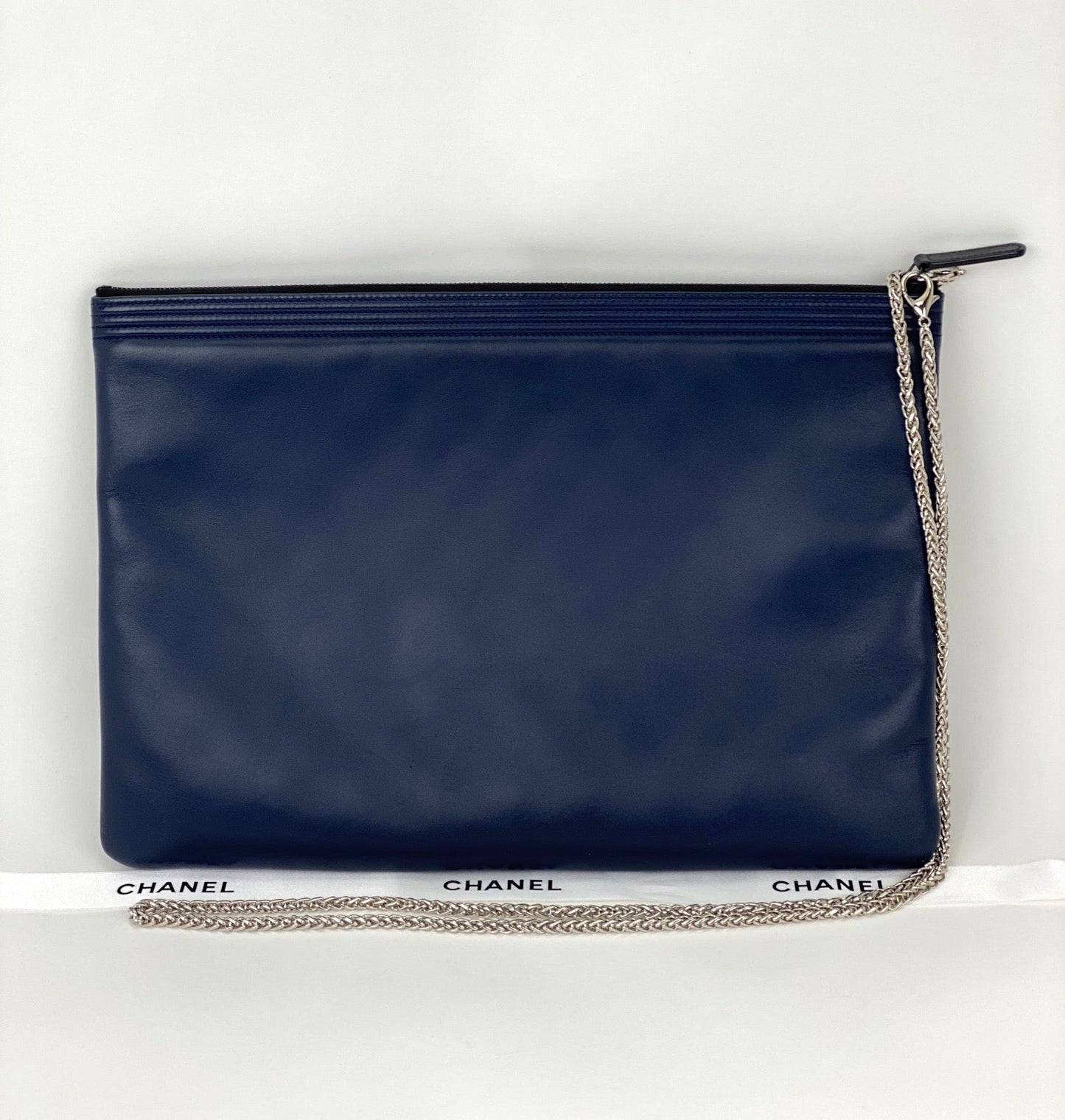 Chanel Quilted Lambskin Leather Black Blue Large Boy Zip Pouch Added Chain