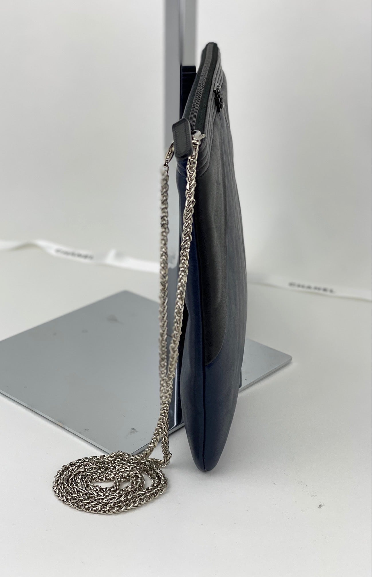 Chanel Quilted Lambskin Leather Black Blue Large Boy Zip Pouch Added Chain