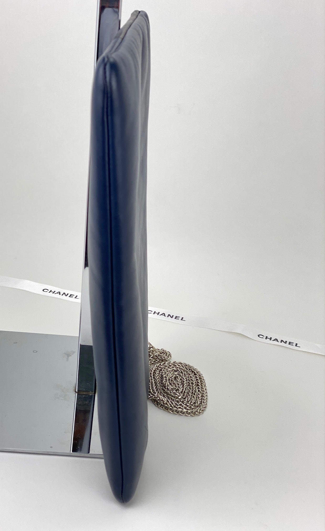 Chanel Quilted Lambskin Leather Black Blue Large Boy Zip Pouch Added Chain