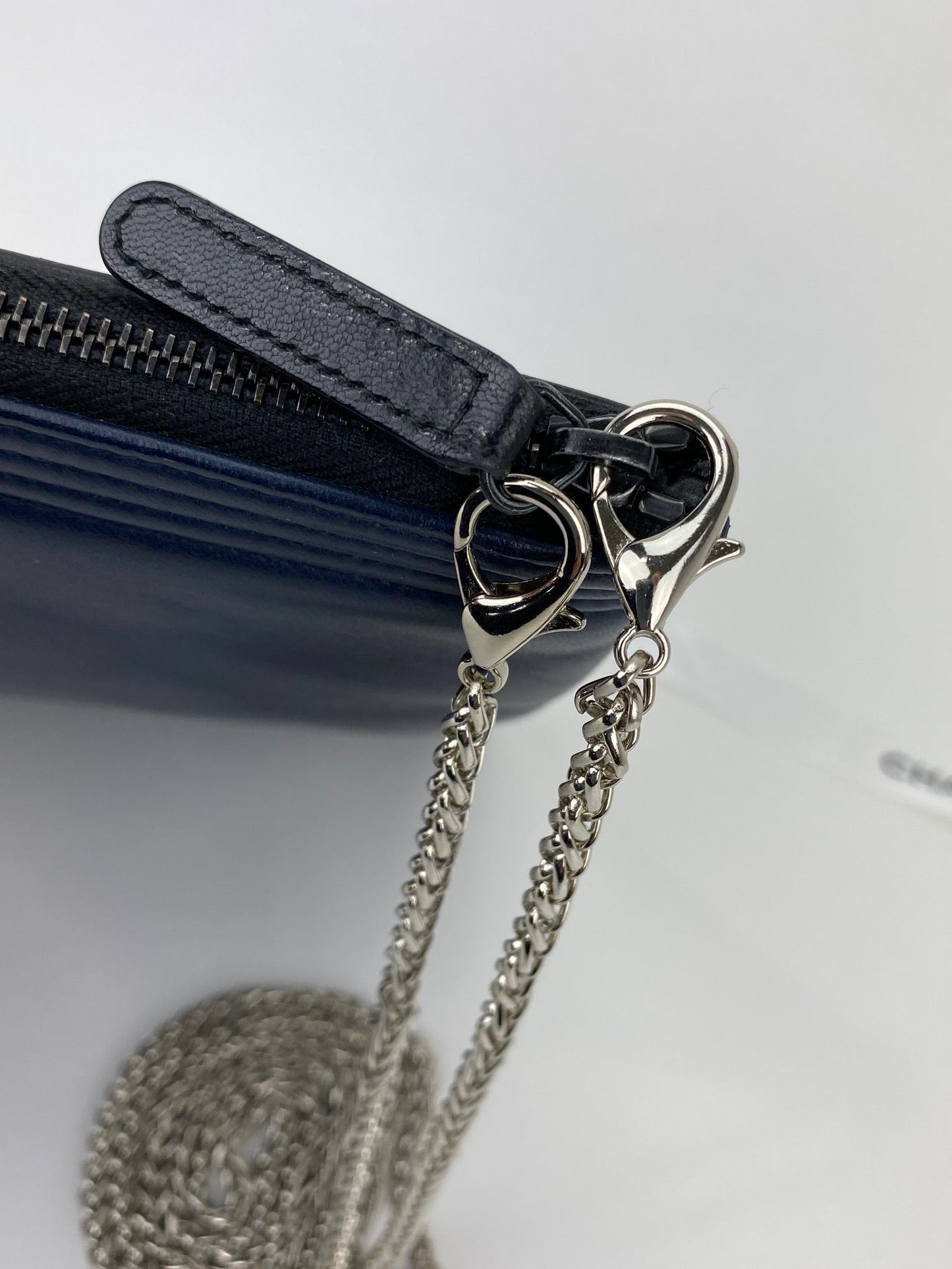 Chanel Quilted Lambskin Leather Black Blue Large Boy Zip Pouch Added Chain