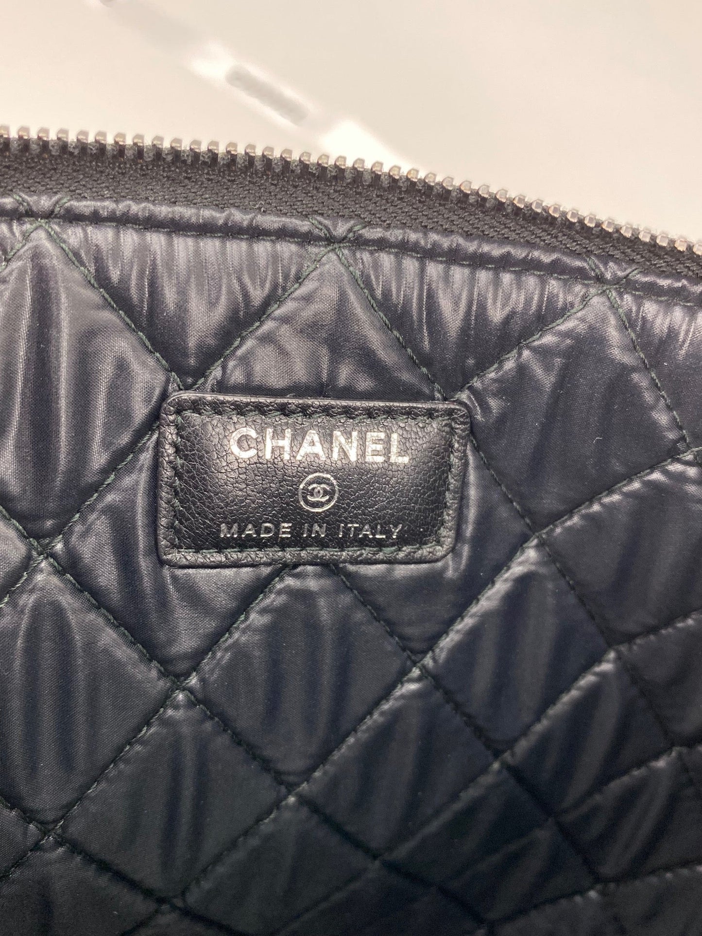Chanel Quilted Lambskin Leather Black Blue Large Boy Zip Pouch Added Chain