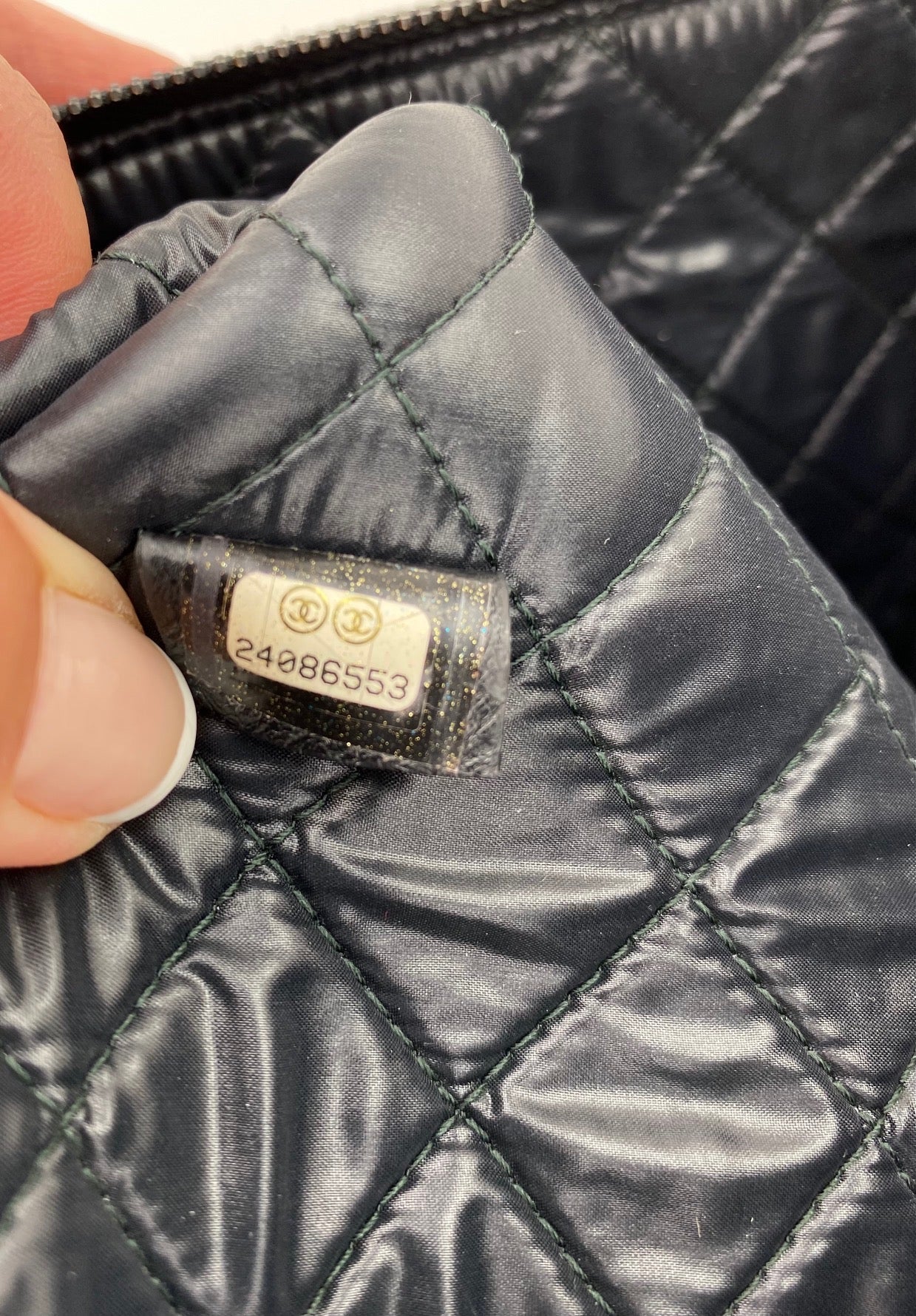 Chanel Quilted Lambskin Leather Black Blue Large Boy Zip Pouch Added Chain