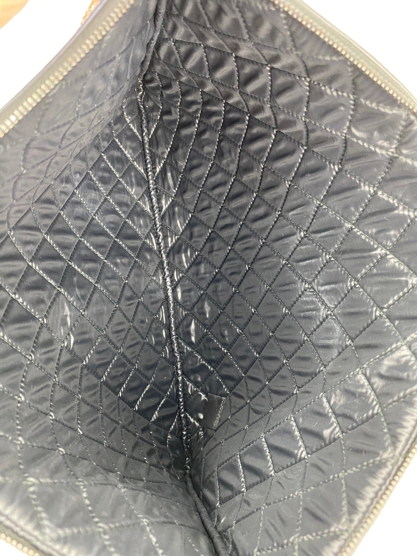 Chanel Quilted Lambskin Leather Black Blue Large Boy Zip Pouch Added Chain