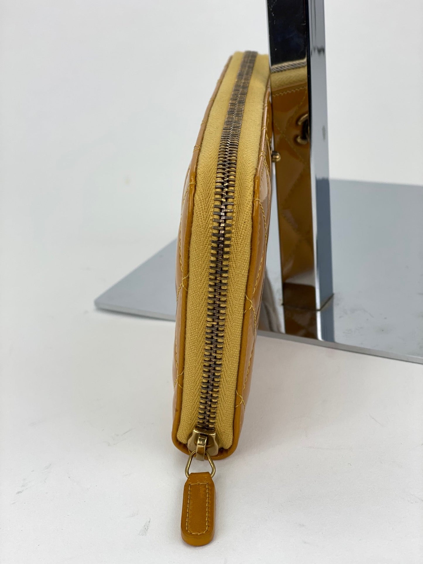 Chanel Quilted Yellow Patent Leather Brilliant Zip Around Wallet Clutch