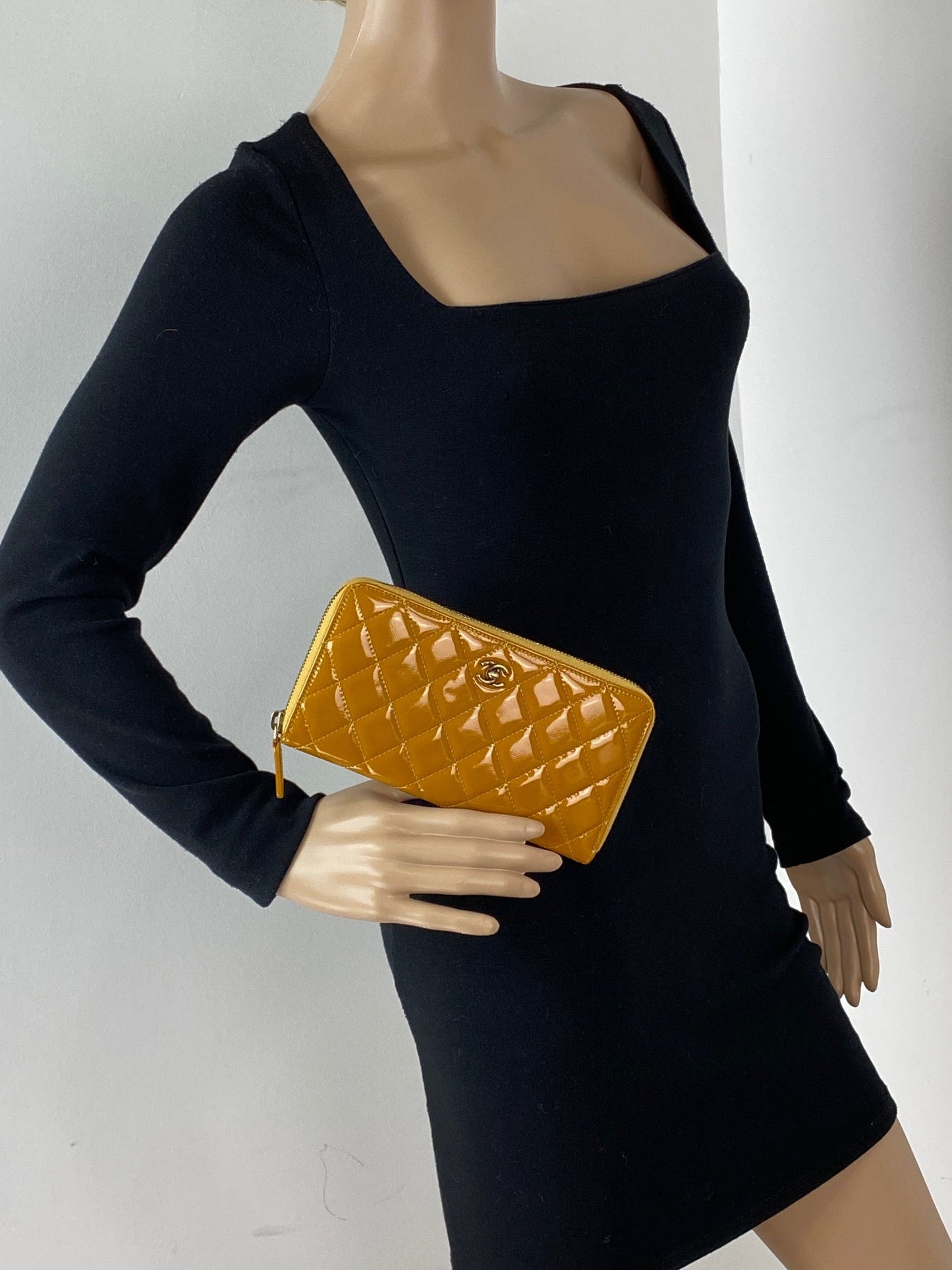 Chanel Quilted Yellow Patent Leather Brilliant Zip Around Wallet Clutch