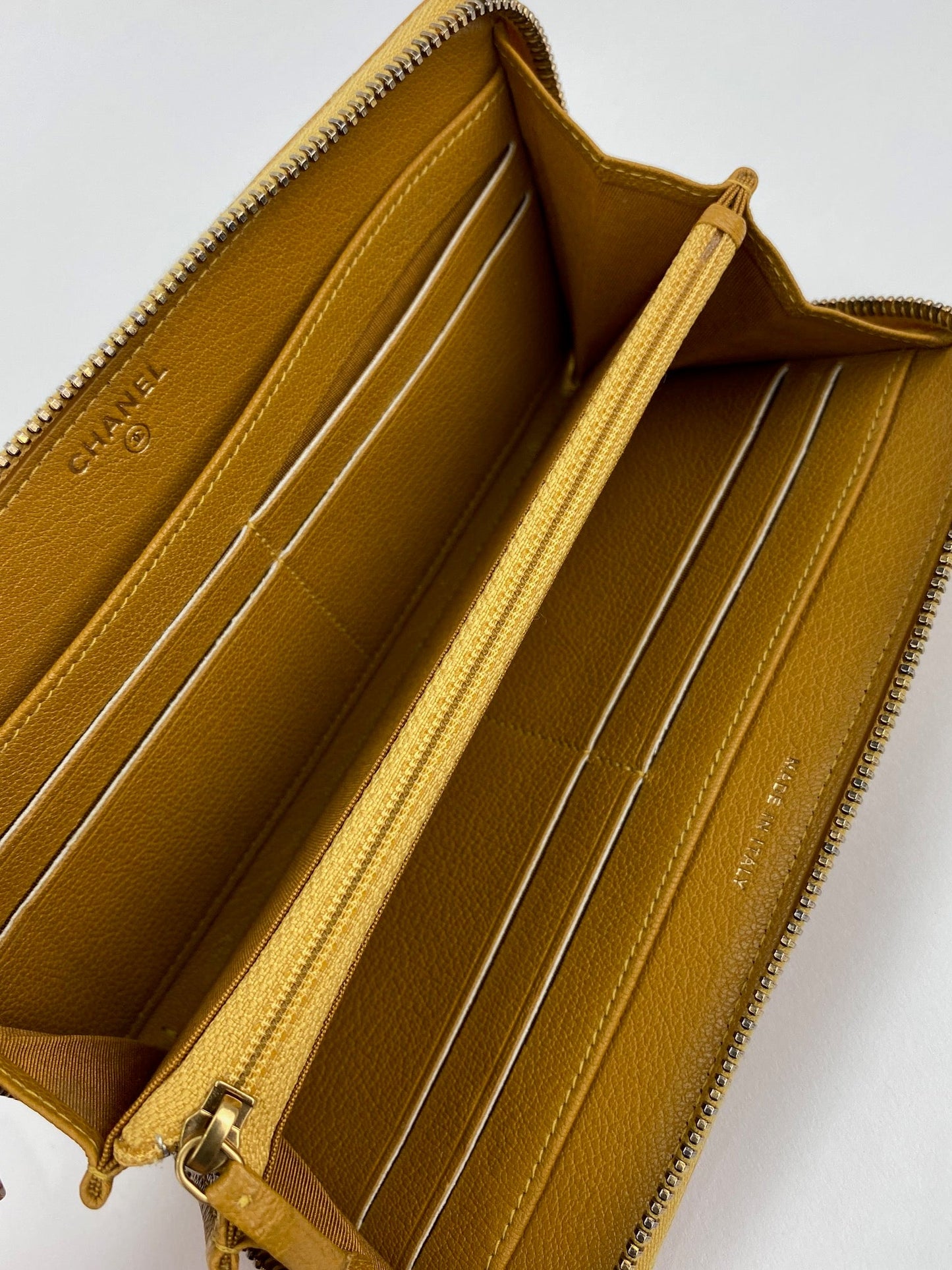 Chanel Quilted Yellow Patent Leather Brilliant Zip Around Wallet Clutch