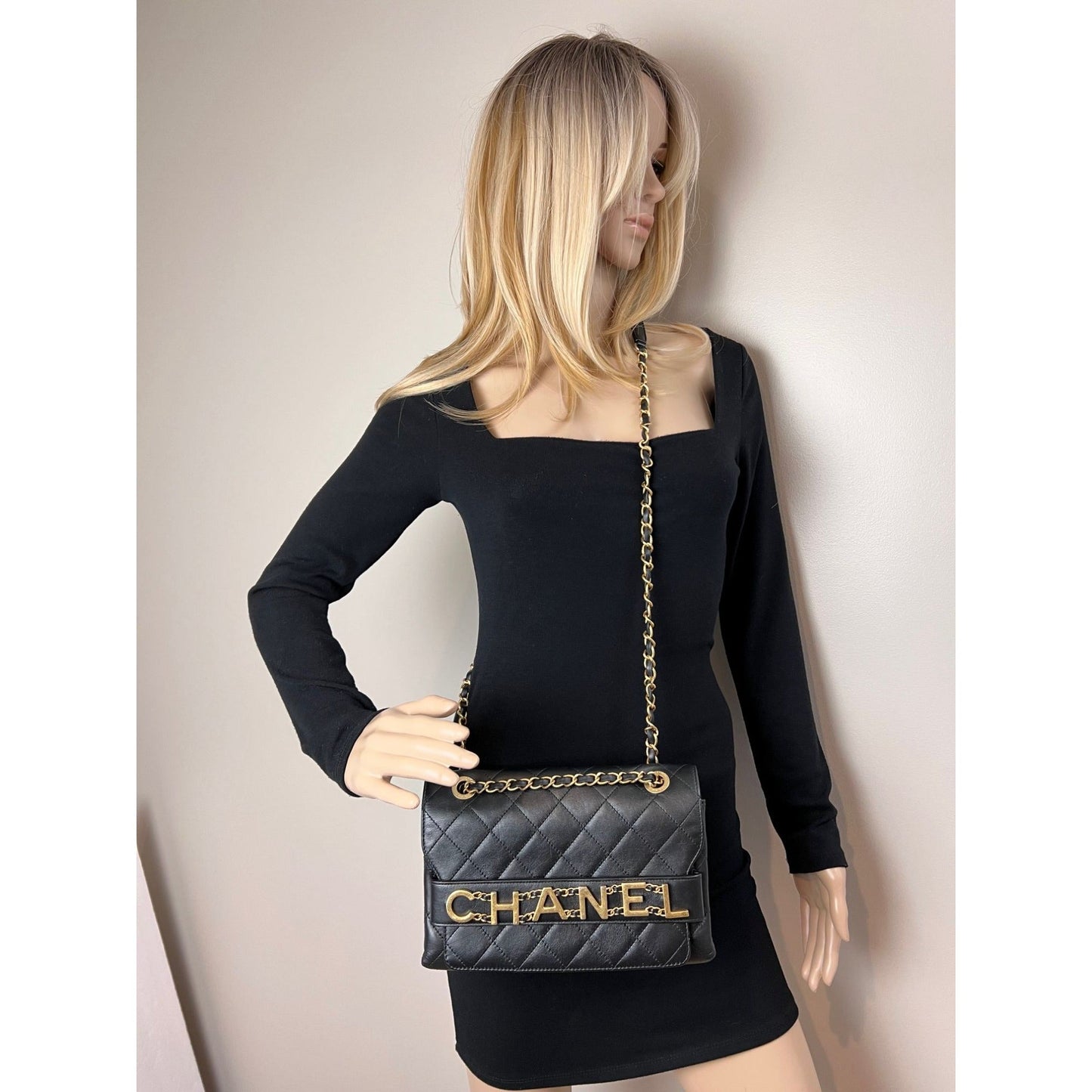 Chanel Calfskin Quilted Enchained Black Flap Shoulder Bag