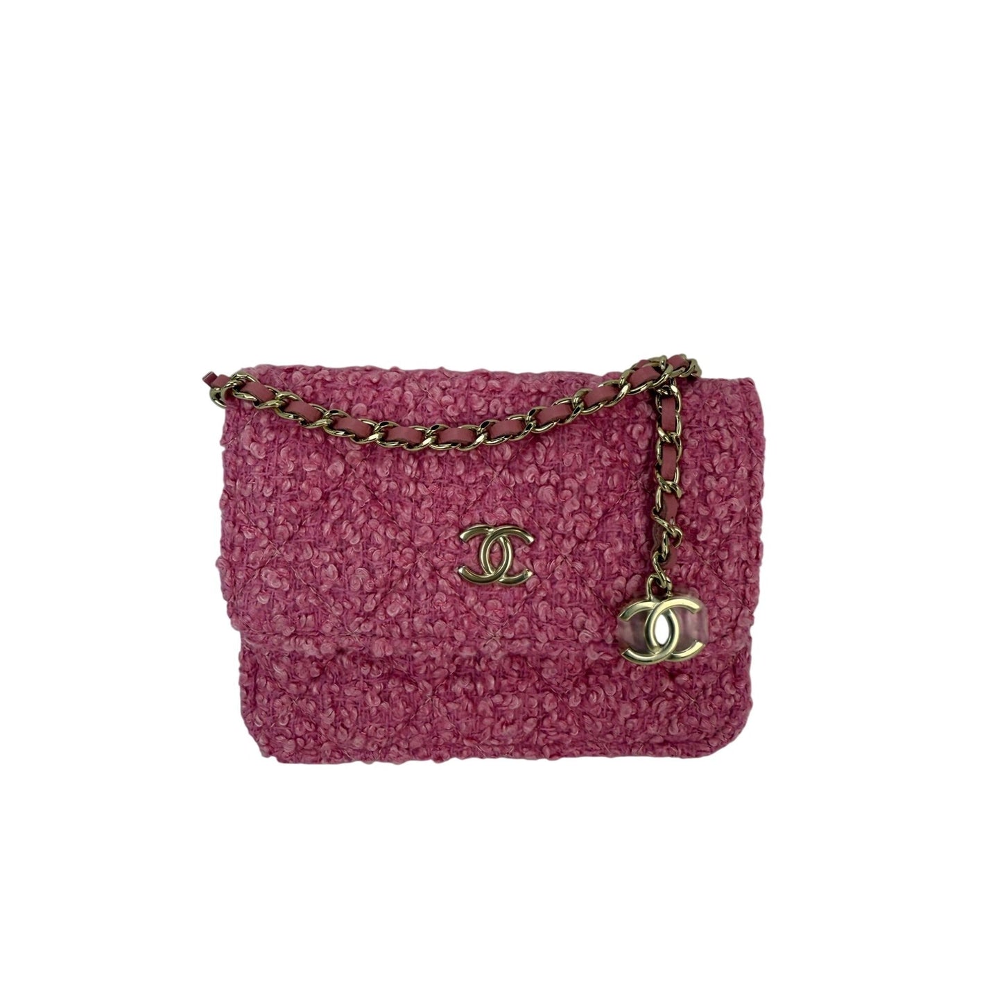 Chanel Tweed Quilted Mini Flap Pink Chain Waist Shoulder Bag