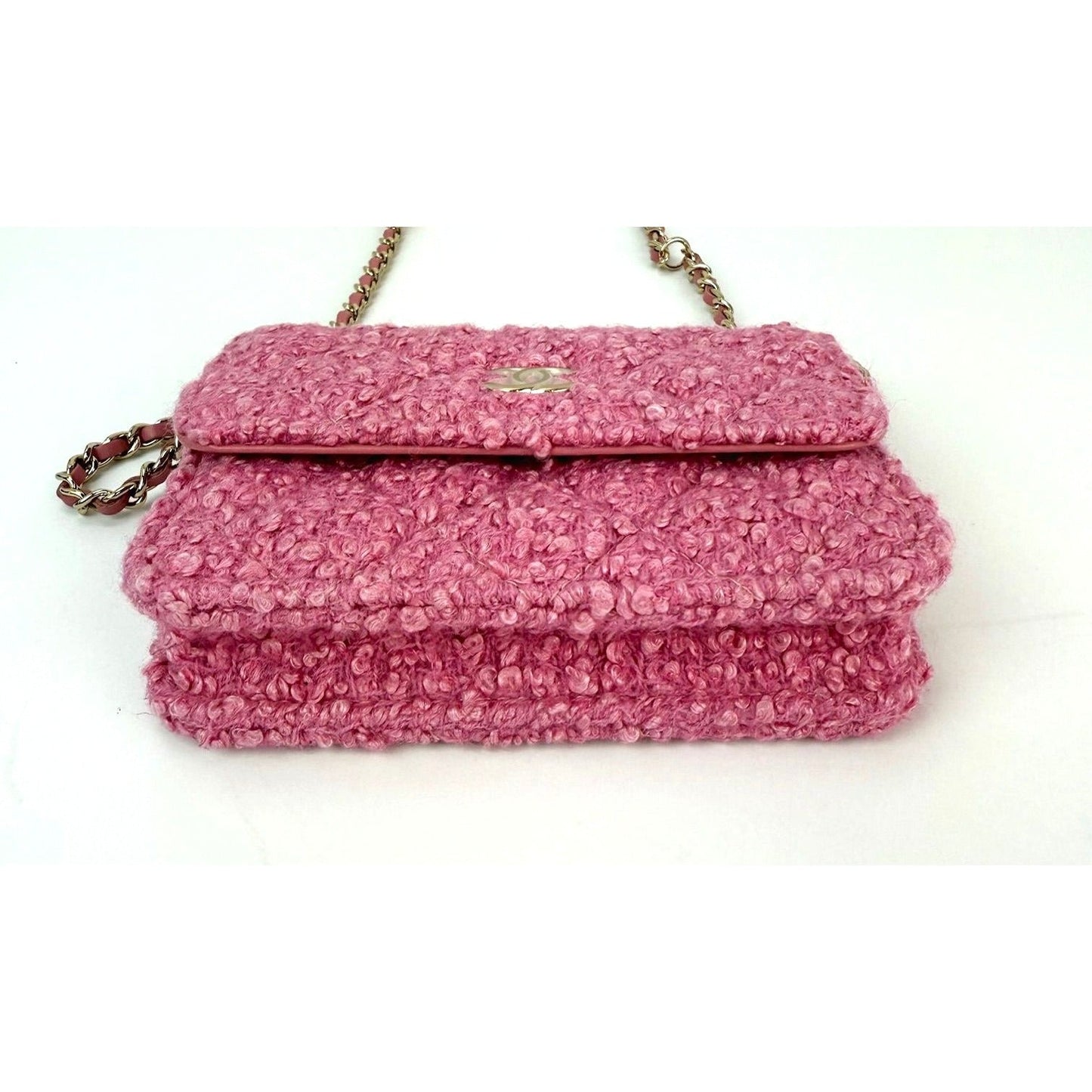 Chanel Tweed Quilted Mini Flap Pink Chain Waist Shoulder Bag