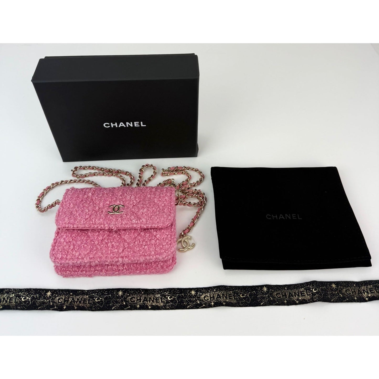 Chanel Tweed Quilted Mini Flap Pink Chain Waist Shoulder Bag
